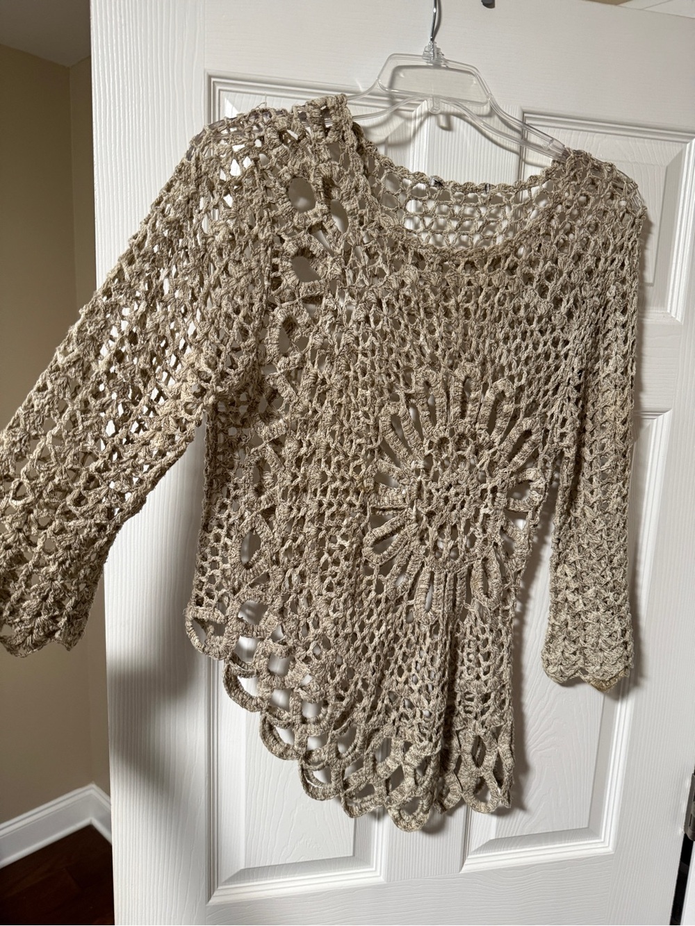 Openwork Crochet Scoop Neck Sweater - Taupe